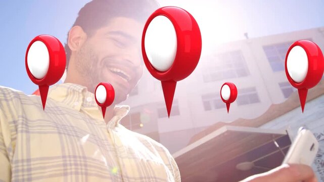 Man tapping smartphone, generating floating red map-pin overlays for mapping tech, obscuring phone