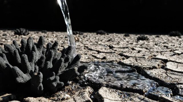 Water pouring onto scorched cracked earth with black coral sculpture. Irrigation of arid soil for environmental restoration and ecological conservation concept