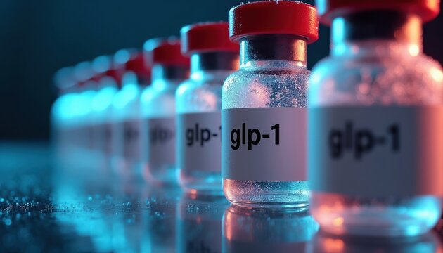 GLP1 medication vials in a row. Pharmaceutical injectables for diabetes and weight loss therapy. Medical research drug supply for health treatment.