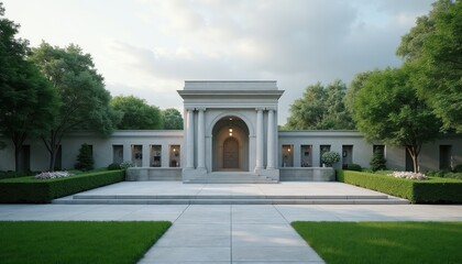 Obraz premium Stone building with arch entrance rows of niches for urns inside. Gardens with green grass, manicured hedges, trees surround memorial structure. Peaceful outdoor space for remembrance.