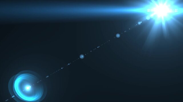 Bright blue lens flare transition with glow and scattered light dots effect, shine sparkle energy burst effect, shine sparkle energy burst on black screen background. 4k