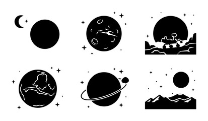 Cosmic Planets & Celestial Bodies Vector Icons, Space Exploration Graphics, Astronomical Elements © Sharmin