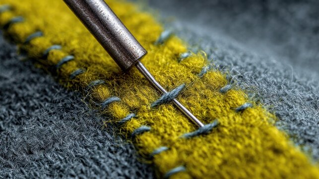 Close-Up of Needle and Thread on Wool Fabric with Yellow Stitching in Artistic Sewing Process for Craft and Tailoring Projects