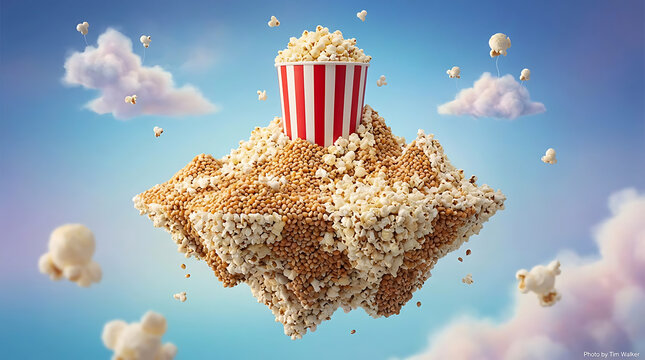 A surreal floating pile of popcorn with a red and white striped bucket on top against a blue sky with fluffy white clouds