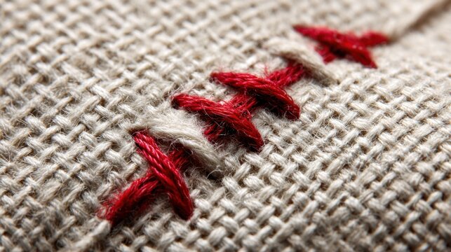 Close-up of textured fabric with intricate hand-stitched embroidery highlighting vibrant red threads against a neutral woven background