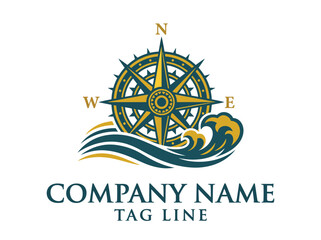 Vintage nautical compass logo with ocean waves, classic maritime wind rose vector, elegant sea navigation emblem for travel and adventure branding © Hiền