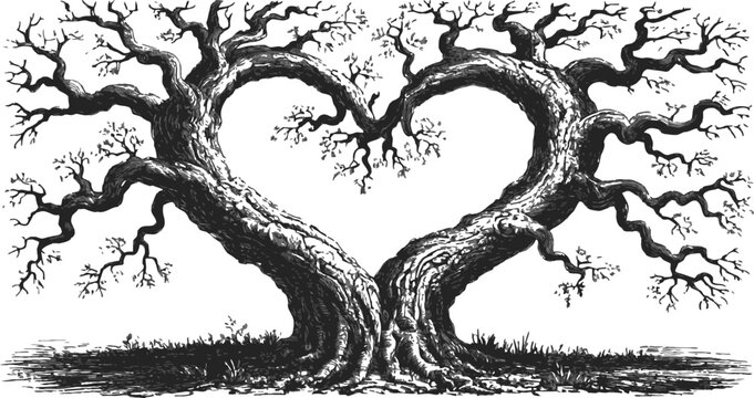 Heart-Shaped Tree Embrace: Two ancient, intertwined trees form a natural heart shape with their branches, symbolizing enduring love and connection.