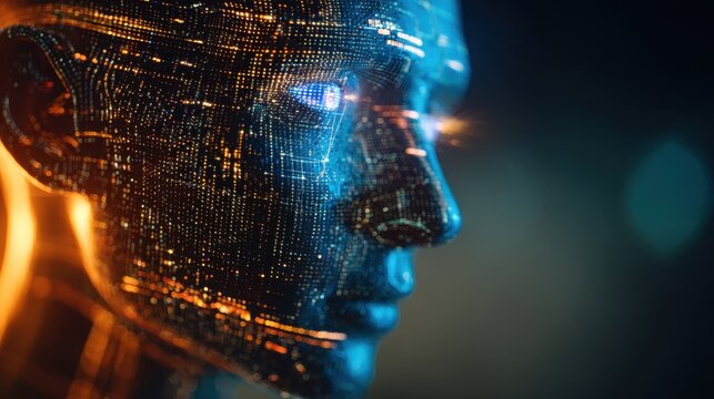 Futuristic AI robot face glowing with blue digital circuits.