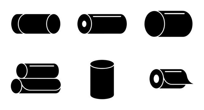 Black Silhouette Icons: Rolls of Paper, Toilet Paper, Cylinders, and Tubes, Vector Set
