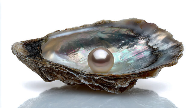 A natural pearl inside an open oyster shell isolated