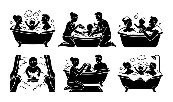 Family Bath Time Icons, Parents Washing Children in Bathtub, Hygiene and Care Vector Set