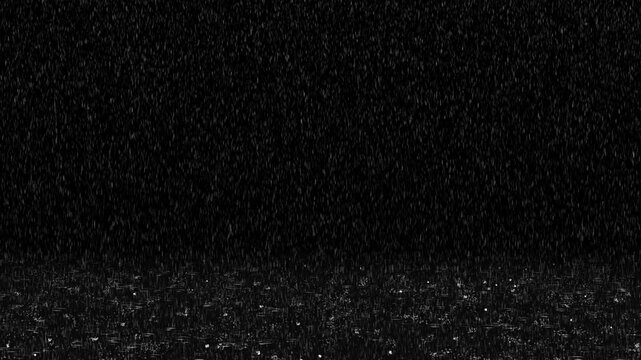 Cinematic heavy rain overlay with realistic water splash effects on dark background, perfect for compositing into dramatic scenes, storm sequences, and atmospheric film productions