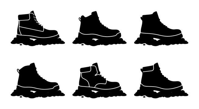 Black Silhouette Work Boots on Mud, Rugged Footwear Collection, Outdoor Adventure Gear Icons