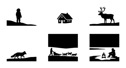Winter Arctic Scenes, Silhouette Icons: Child, House, Reindeer, Fox, Sled Dogs, Campfire © Mostafizur