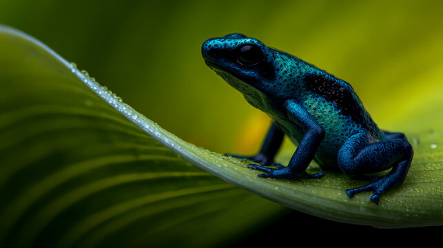 Vivid blue poison dart frog perched on green calla lily petal in macro detail