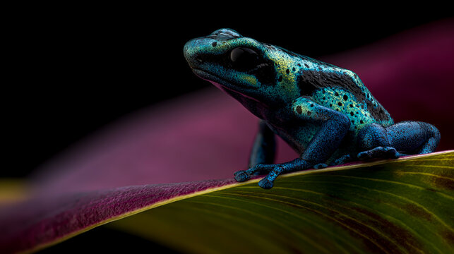 Vivid blue poison dart frog perched on green calla lily petal in macro detail