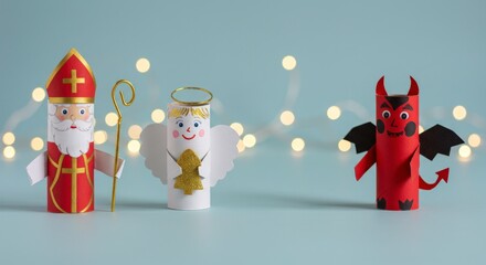 Fototapeta premium Handmade Saint Nicholas angel and devil Christmas craft figures.