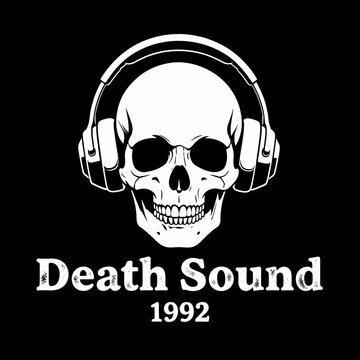 Skull Wearing Headphones with Text Death Sound 1992 Graphic Design