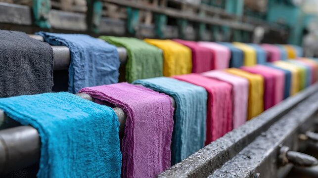 Colorful fabric rolls on production line in textile factory showcasing vibrant hues of fabric materials arranged neatly for textile manufacturing process