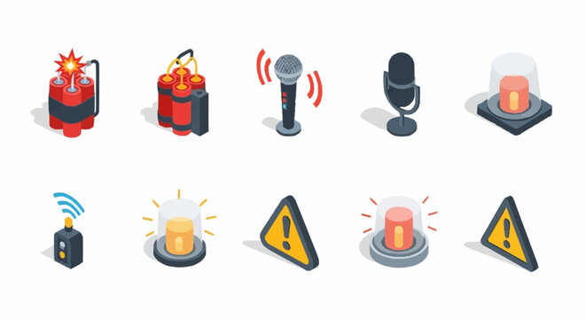 Warning signs and emergency alert icons.