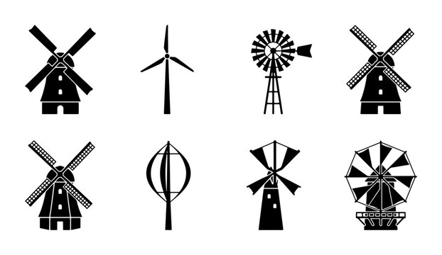 Windmill Icons Set: Traditional Dutch, Modern Turbine, Vintage Farm, Vertical Axis Energy Generators