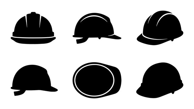 Hard Hat Silhouettes, Safety Helmets, Construction Gear Icons, Protective Headwear Set