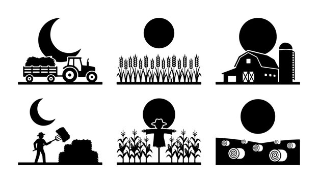 Farm Silhouettes: Tractor, Barn, Scarecrow, Hay Bales, Harvest Scenes, Rural Life Icons