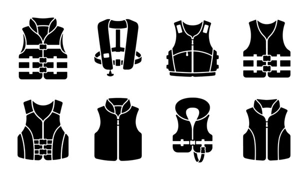 Life Vest Icons Set, Safety Gear Vector Collection, Water Sport Apparel Symbols, Buoyancy Aid Illustrations