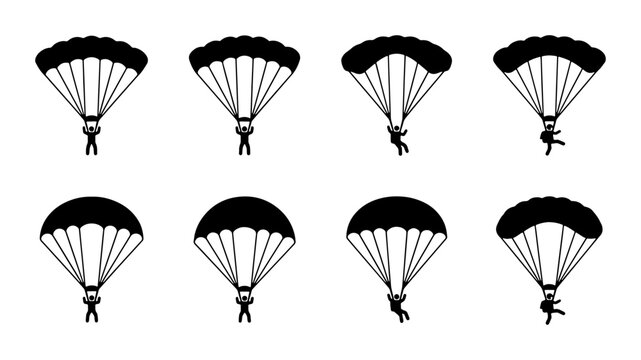 Parachute Icons Set, Skydiver Vector Graphics, Extreme Sports Symbols, Adventure Activity Illustrations