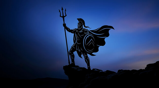 Mighty Mythological Warrior Silhouette Wielding a Trident atop a Mountain Cliff Under a Dramatic Twilight Sky