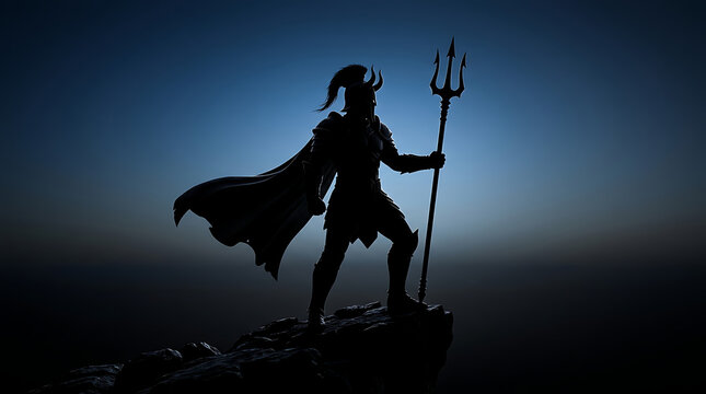 Regal silhouette of a powerful horned mythical figure with trident standing on a dramatic cliff edge at dusk
