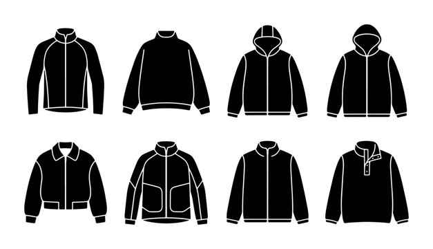Black Jacket Icons Set, Apparel Vector Collection, Outerwear Fashion Silhouettes, Clothing Styles