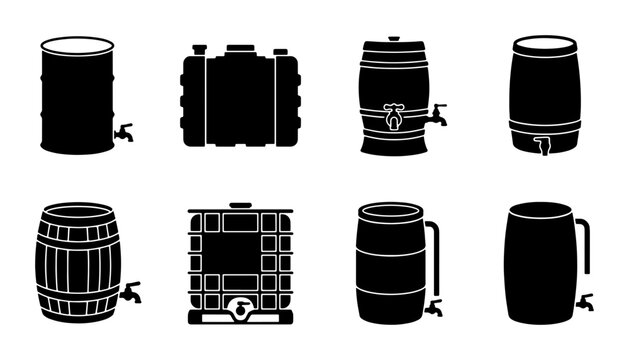 Collection of Industrial Barrels and Tanks, Water Storage Containers, Liquid Transport Vessels