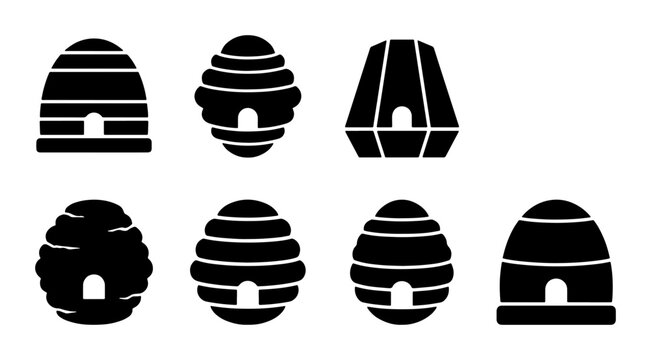 Beehive Icons Set, Apiary Dwellings, Insect Homes, Vector Graphics Collection