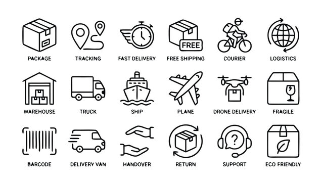 Professional Set of 18 Delivery and Shipping Line Icons Featuring Package Tracking Fast Delivery Free Shipping Courier Logistics Warehouse Truck Ship Plane Drone Fragile Barcode Van Handover Return