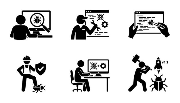 Software Debugging Icons, Bug Fixing, Code Testing, System Security, IT Support, Vector Set