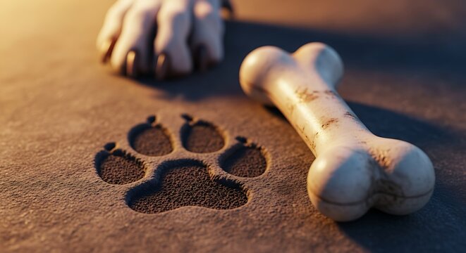 Dog paw print and bone closeup.