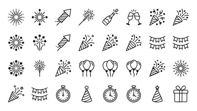 Minimalist Vector Celebration Icon Set Featuring Fireworks, Rockets, Champagne, Party Poppers, Bunting, Balloons, Stopwatches, Party Hats, and Gifts for New Year, Birthdays, and Festive Occasions.