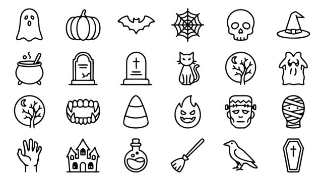 Spooky Halloween Vector Line Icon Set with Ghost, Pumpkin, Bat, Skull, Witch Hat, Cauldron, Gravestone, Black Cat, Moon, Vampire Teeth, Candy Corn, Frankenstein, Mummy, Haunted House, Coffin, and