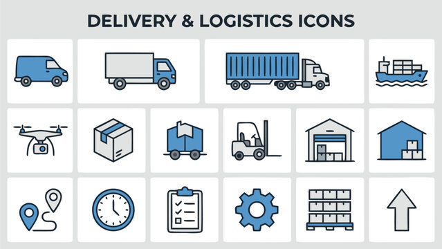 Comprehensive set of delivery and logistics icons featuring transport vehicles like trucks, ships, and drones, plus warehouse, tracking, and shipping symbols in a clean, modern flat vector style.