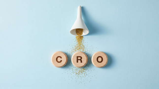 Conversion rate optimization concept a funnel pouring gold glitter onto wooden blocks with the letters c, r, o