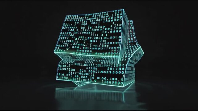 Glowing digital cube and shapes animation.
