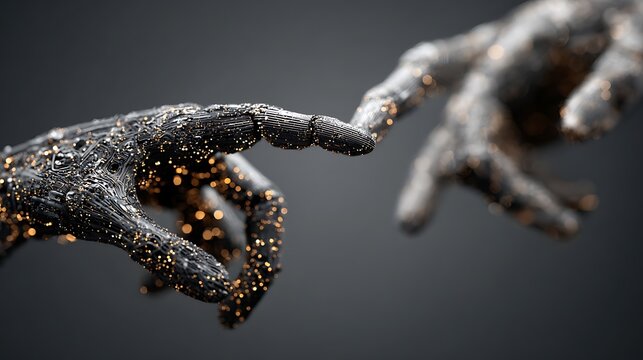 Two robotic hands, one reaching, almost touching, glowing particles, gray background