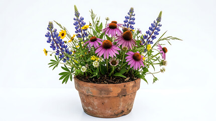 Fototapeta premium Vibrant wild flower arrangement in a rustic terracotta pot, beautifully isolated on a clean white background, showcasing natural beauty