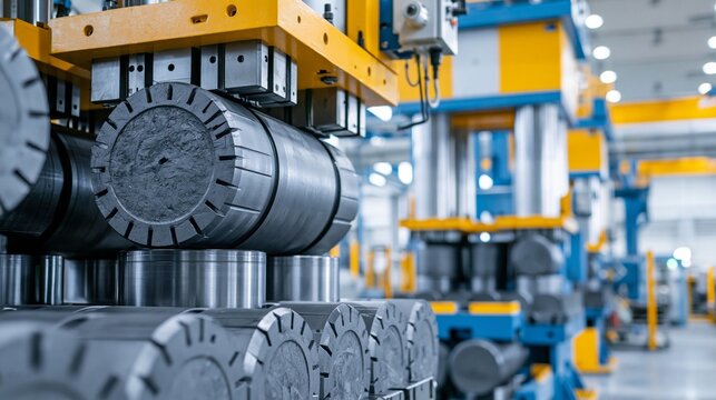 Closeup medium shot capturing the careful pressing of large graphite billets in a spotless facility highlighting the meticulous manufacturing process.