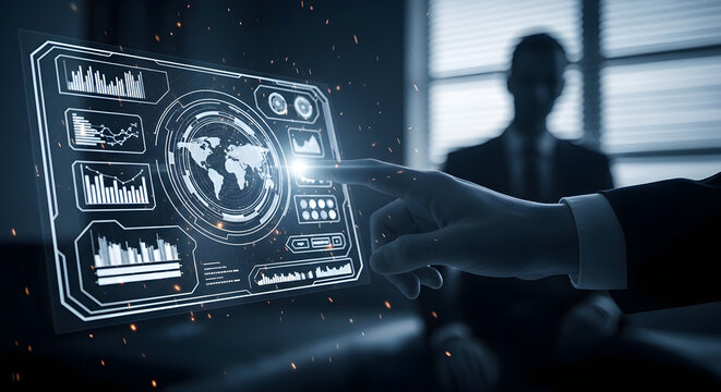 Futuristic Data Analysis of a businessman hand touching a holographic digital interface with world map and charts for corporate technology and global business presentations.