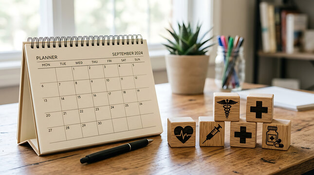 Desk with calendar, rubber stamps and pen, office workspace with plant