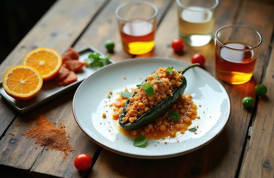 Chile relleno dish with escamoles filling served on plate with orange slices and drinks. Tasty meal with spicy pepper and seafood topping for gourmet dining.