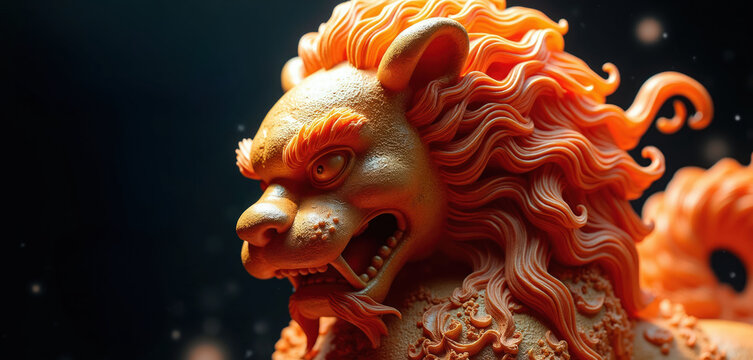 Fiery orange lion statue with intricate swirls on dark background. Fierce beast sculpture detailed design, powerful mythical creature guardian symbol.