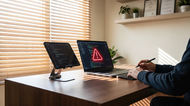 Software developer working on a laptop with a code error warning sign on the screen in a home office